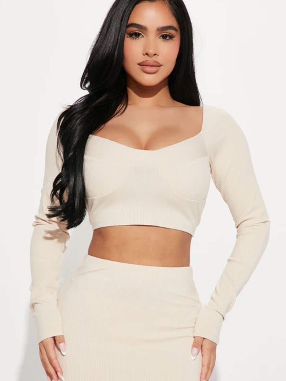 Fashion Nova Cream Ribbed Off-Shoulder Sasha snached skirt set